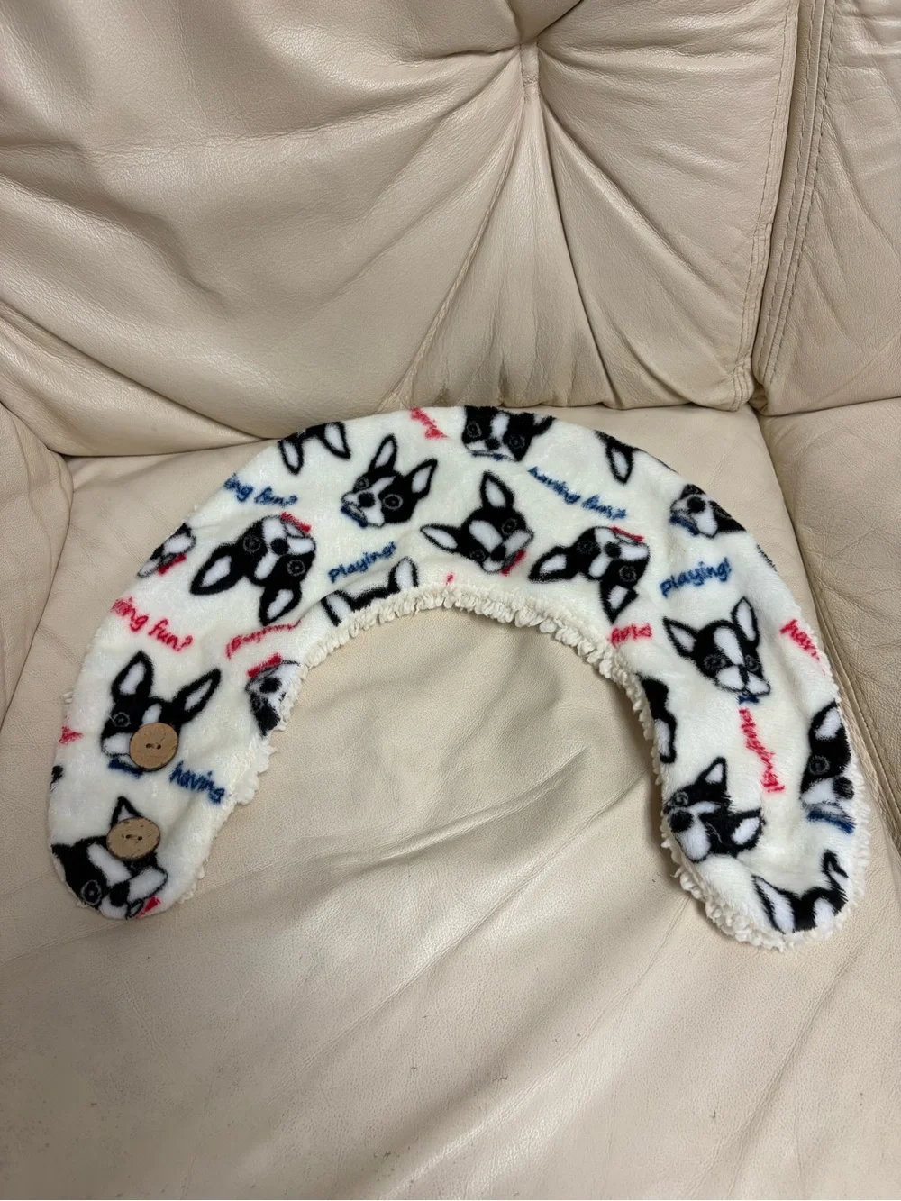 BULLTON Japan Pied Black White French Bulldog Fleece Neck Warmer Cream Scarf